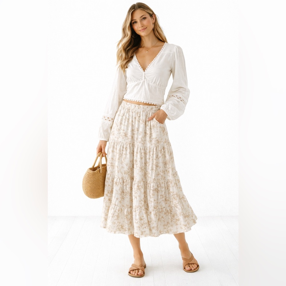 A New Day White Boho Lace Trim Crop Blouse Smocked Back Cottagecore Top S